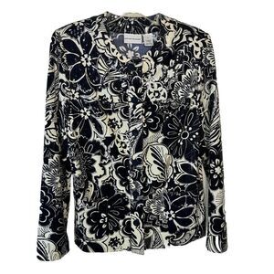 Alfred Dunner blazer navy white flower Women Sz‎ 12 shiny formal long sleeve